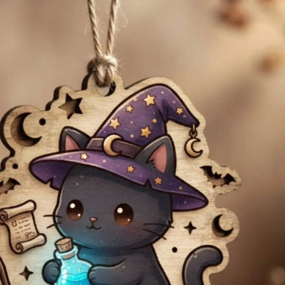 Black Cat Witch Wooden Ornament, Kawaii Halloween Decor, Witchy Cat with Potion & Broom, Spooky Gift for Cat Lovers, Magic Kitten Art YB1603 - Media 2