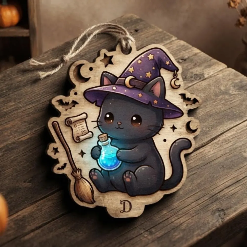 Black Cat Witch Wooden Ornament, Kawaii Halloween Decor, Witchy Cat with Potion & Broom, Spooky Gift for Cat Lovers, Magic Kitten Art YB1603 - Media 3