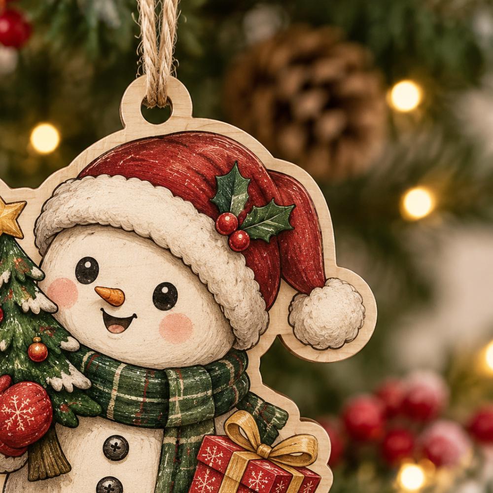 Snowman Wooden Christmas Ornament, Cute Holiday Tree Decoration, Rustic Handcrafted Wood Snowman with Gift, Winter Wonderland Decor YB1603 - Media 2