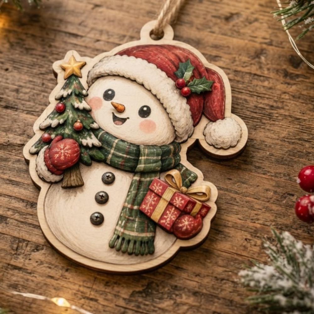 Snowman Wooden Christmas Ornament, Cute Holiday Tree Decoration, Rustic Handcrafted Wood Snowman with Gift, Winter Wonderland Decor YB1603 - Media 3