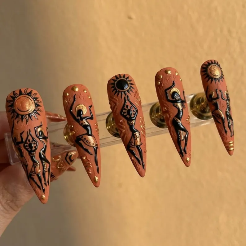 Terracotta Gold, Hand Painted Art, press on nails, custom press on nails, fake nails, Nails Art, stained glass nails, gold press on nails, 3d press on nails, luxury press on nails, handmade press on nails