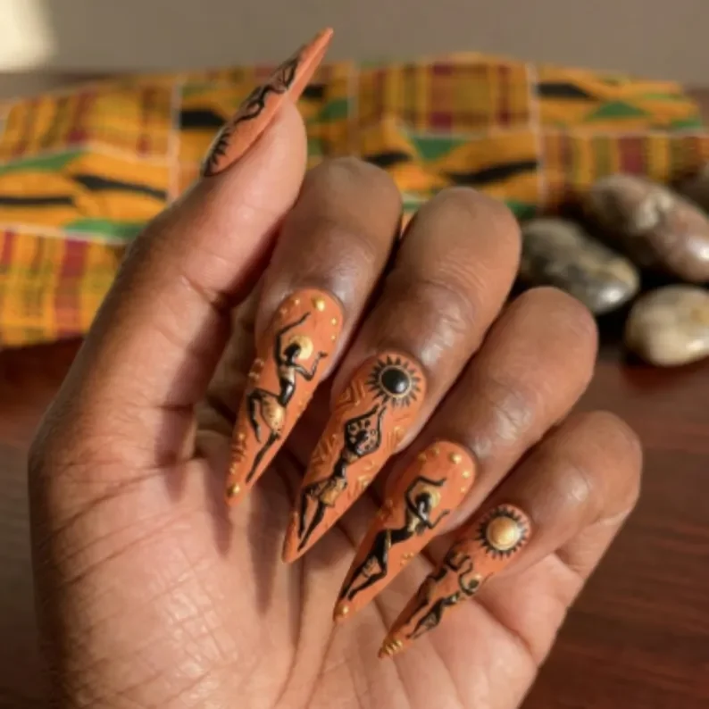 Terracotta Gold, Hand Painted Art, press on nails, custom press on nails, fake nails, Nails Art, stained glass nails, gold press on nails, 3d press on nails, luxury press on nails, handmade press on nails
