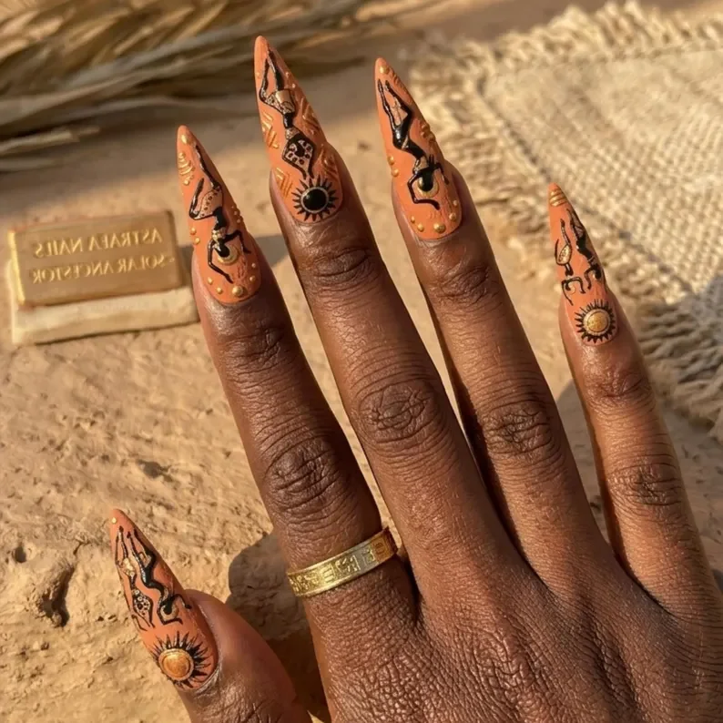 Tribal Silhouette, Gold Accent Nails, press on nails, custom press on nails, fake nails, Nails Art, stained glass nails, gold press on nails, 3d press on nails, luxury press on nails, handmade press on nails