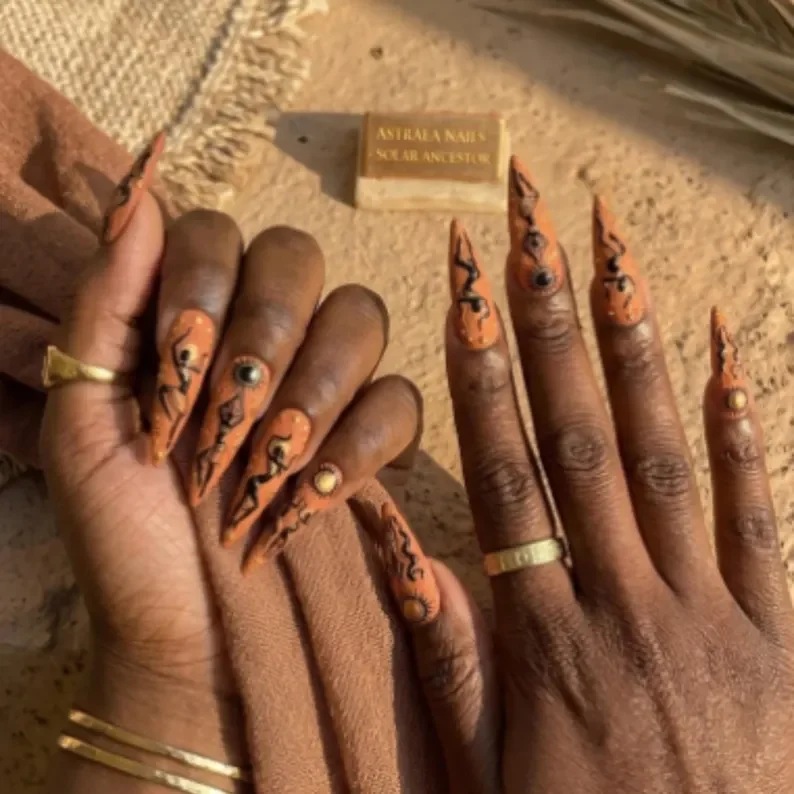 Faux 3D Nails, Afrocentric Nail Art, press on nails, custom press on nails, fake nails, Nails Art, stained glass nails, gold press on nails, 3d press on nails, luxury press on nails, handmade press on nails