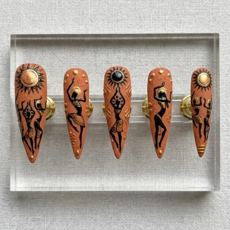 3D Afrocentric Tribal, Press On Nails, press on nails, custom press on nails, fake nails, Nails Art, stained glass nails, gold press on nails, 3d press on nails, luxury press on nails, handmade press on nails