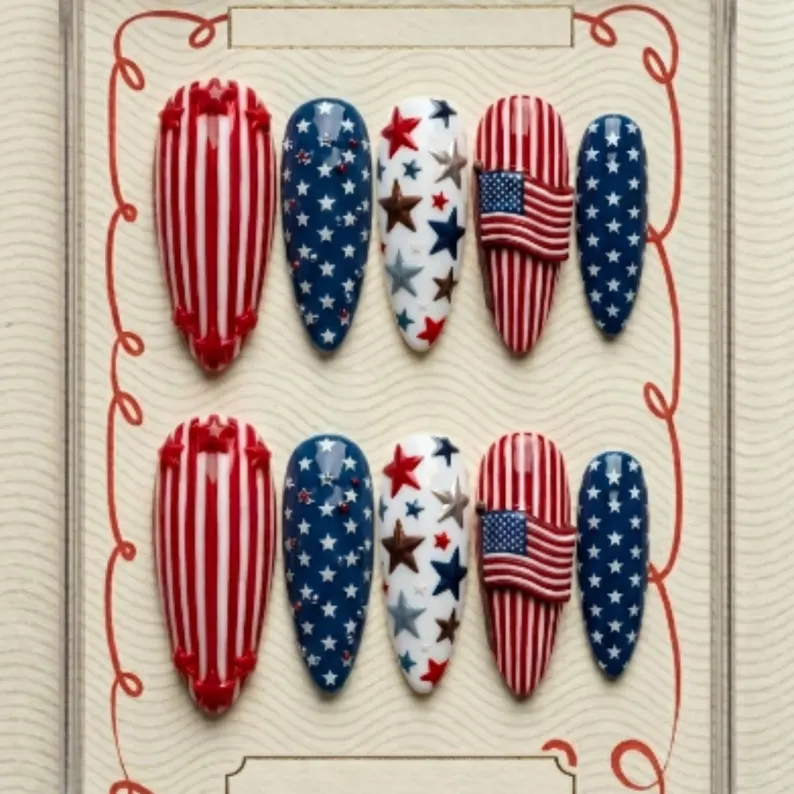 Patriotic nail art, Red white blue, press on nails, custom press on nails, fake nails, Nails Art, stained glass nails, gold press on nails, 3d press on nails, luxury press on nails, handmade press on nails