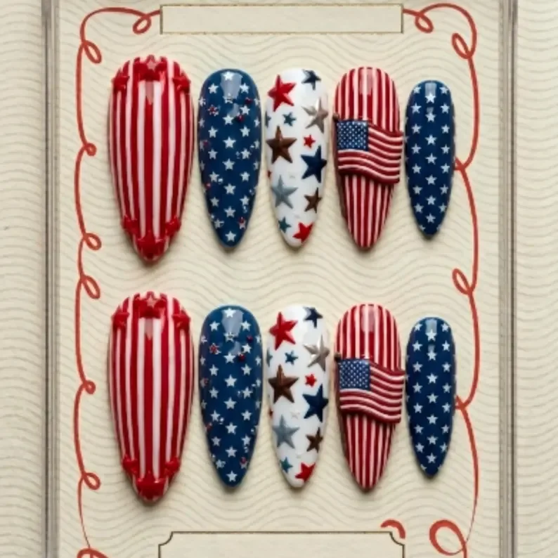 3D Americana nails, Star-Spangled press on, press on nails, custom press on nails, fake nails, Nails Art, stained glass nails, gold press on nails, 3d press on nails, luxury press on nails, handmade press on nails