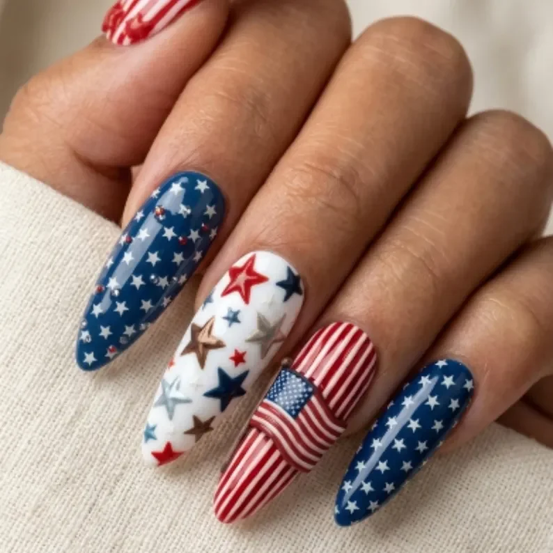 Patriotic nail art, Red white blue, press on nails, custom press on nails, fake nails, Nails Art, stained glass nails, gold press on nails, 3d press on nails, luxury press on nails, handmade press on nails