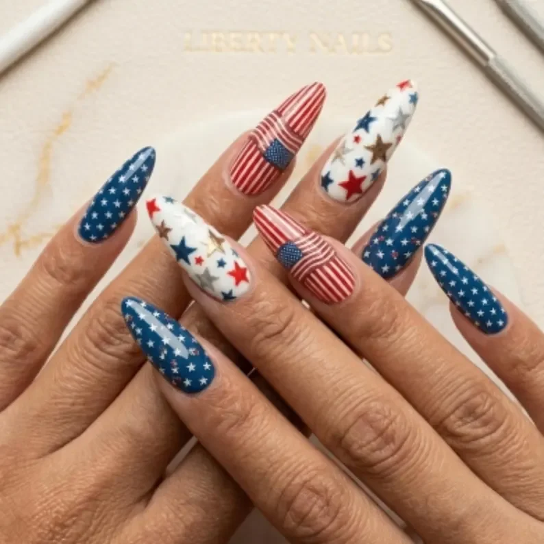 Americana star nails, Blue star nails, press on nails, custom press on nails, fake nails, Nails Art, stained glass nails, gold press on nails, 3d press on nails, luxury press on nails, handmade press on nails
