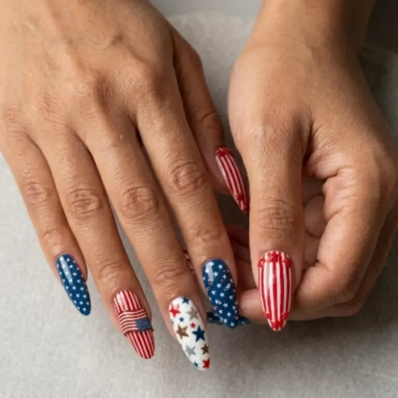 3D Americana nails, Star-Spangled press on, press on nails, custom press on nails, fake nails, Nails Art, stained glass nails, gold press on nails, 3d press on nails, luxury press on nails, handmade press on nails