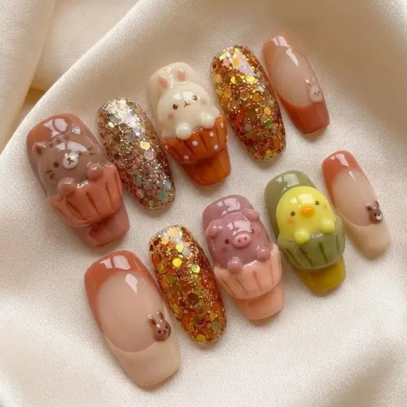3D animal nails, cupcake press on, press on nails, custom press on nails, fake nails, Nails Art, stained glass nails, gold press on nails, 3d press on nails, luxury press on nails, handmade press on nails