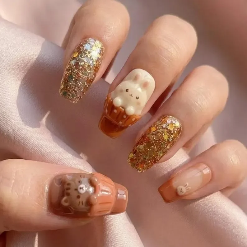 kawaii bakery, food nail art, press on nails, custom press on nails, fake nails, Nails Art, stained glass nails, gold press on nails, 3d press on nails, luxury press on nails, handmade press on nails