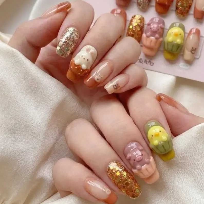 animal nail art, bakery style nails, press on nails, custom press on nails, fake nails, Nails Art, stained glass nails, gold press on nails, 3d press on nails, luxury press on nails, handmade press on nails