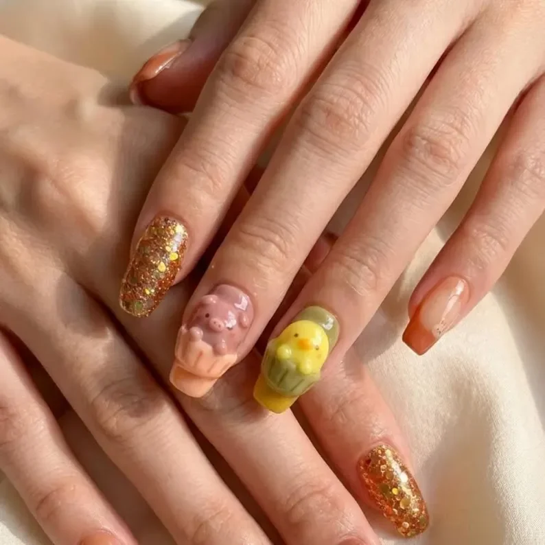3D animal nails, cupcake press on, press on nails, custom press on nails, fake nails, Nails Art, stained glass nails, gold press on nails, 3d press on nails, luxury press on nails, handmade press on nails
