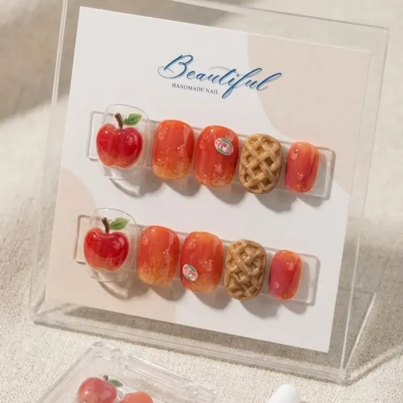 3D Apple Pie Nails, Press-On Nails, press on nails, custom press on nails, fake nails, Nails Art, stained glass nails, gold press on nails, 3d press on nails, luxury press on nails, handmade press on nails