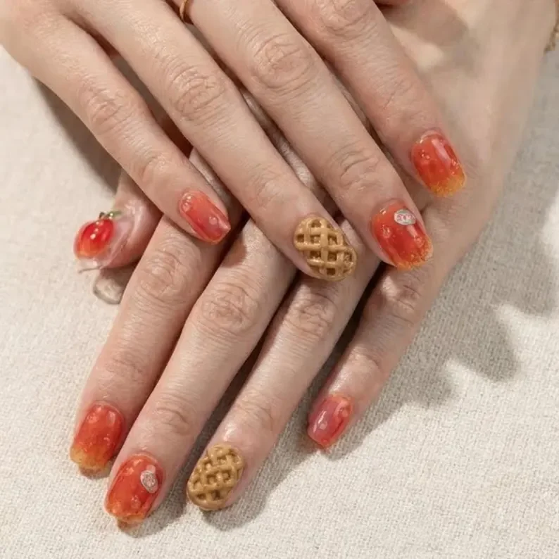 Foodie Nail Art, Apple Pie Design, press on nails, custom press on nails, fake nails, Nails Art, stained glass nails, gold press on nails, 3d press on nails, luxury press on nails, handmade press on nails