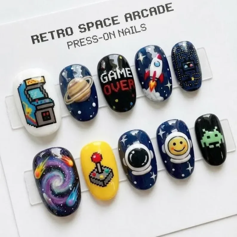 3D astronaut nails, retro arcade, press on nails, custom press on nails, fake nails, Nails Art, stained glass nails, gold press on nails, 3d press on nails, luxury press on nails, handmade press on nails