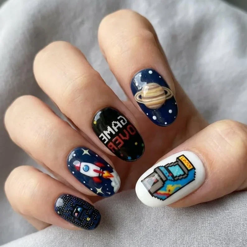 galaxy pixel, press-on nails, press on nails, custom press on nails, fake nails, Nails Art, stained glass nails, gold press on nails, 3d press on nails, luxury press on nails, handmade press on nails