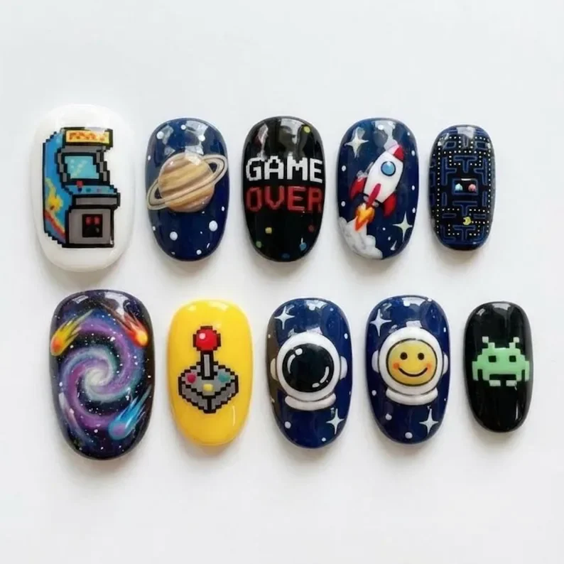 astronaut manicure, arcade galaxy nails, press on nails, custom press on nails, fake nails, Nails Art, stained glass nails, gold press on nails, 3d press on nails, luxury press on nails, handmade press on nails
