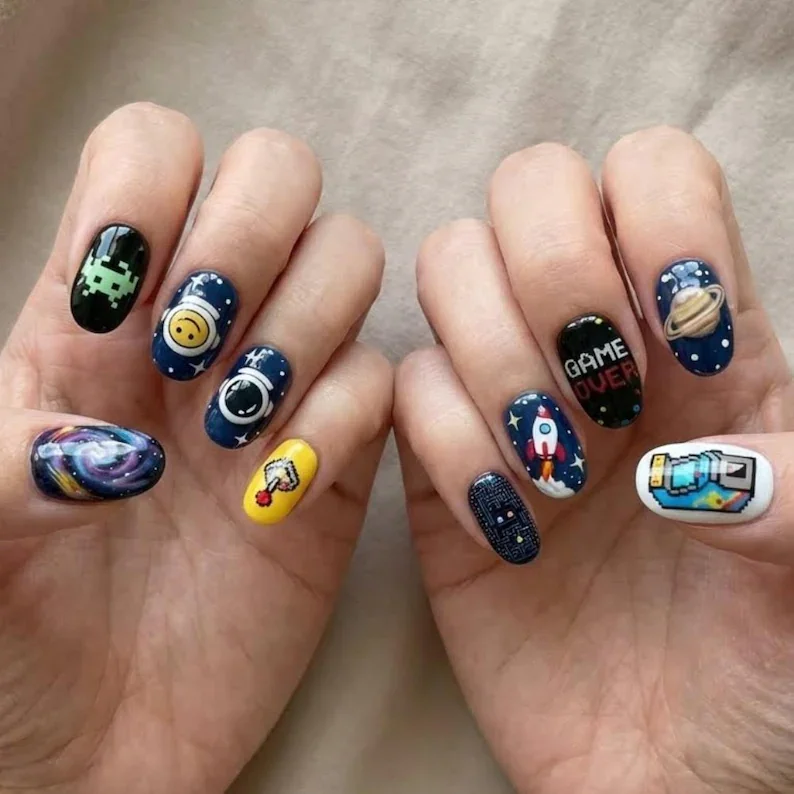 3D astronaut nails, retro arcade, press on nails, custom press on nails, fake nails, Nails Art, stained glass nails, gold press on nails, 3d press on nails, luxury press on nails, handmade press on nails