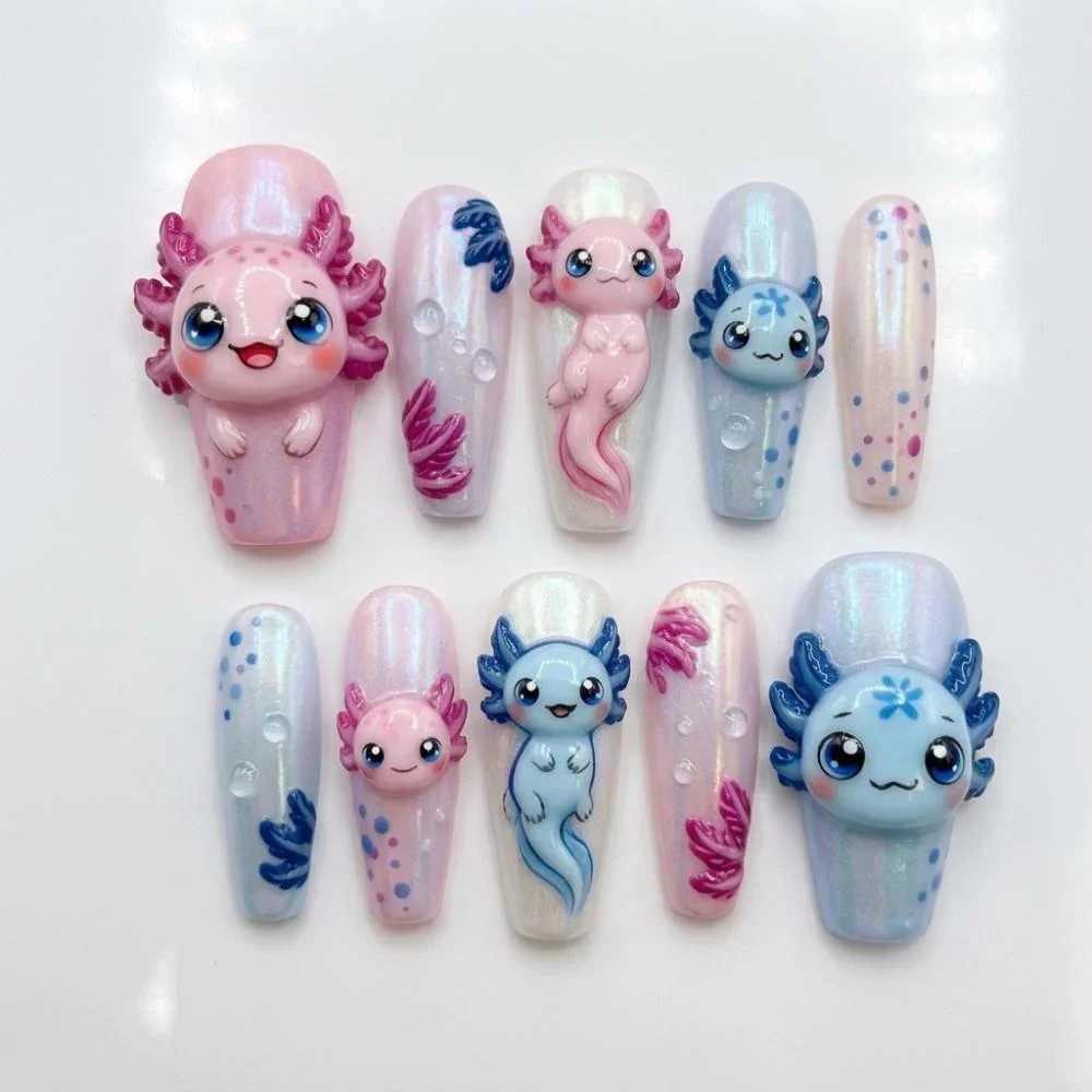3D Axolotl nails, Press on nails, press on nails, custom press on nails, fake nails, Nails Art, stained glass nails, gold press on nails, 3d press on nails, luxury press on nails, handmade press on nails