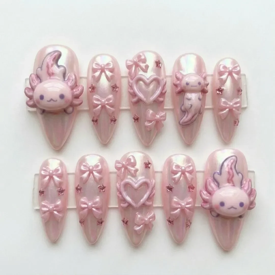 3D Axolotl nails, Pink chrome nails, press on nails, custom press on nails, fake nails, Nails Art, stained glass nails, gold press on nails, 3d press on nails, luxury press on nails, handmade press on nails