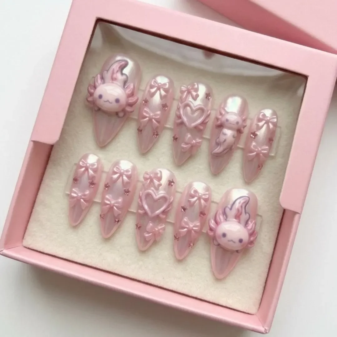Chrome bow nails, Pink coquette nails, press on nails, custom press on nails, fake nails, Nails Art, stained glass nails, gold press on nails, 3d press on nails, luxury press on nails, handmade press on nails