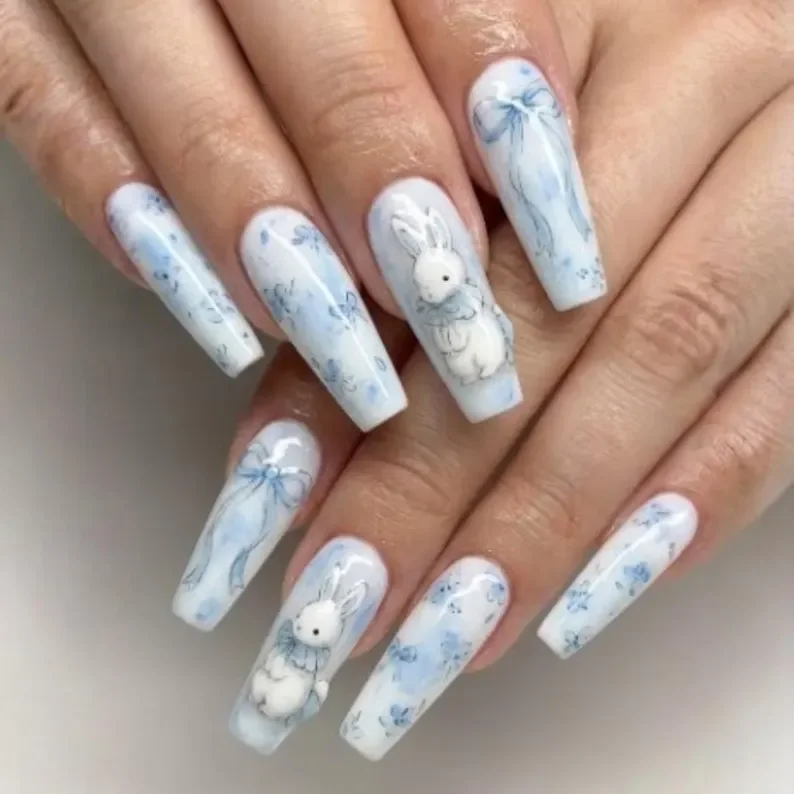 3D Azure Meadow, Bunny Press On, press on nails, custom press on nails, fake nails, Nails Art, stained glass nails, gold press on nails, 3d press on nails, luxury press on nails, handmade press on nails