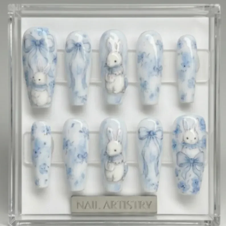 Blue White Watercolor, Watercolor Nail Art, press on nails, custom press on nails, fake nails, Nails Art, stained glass nails, gold press on nails, 3d press on nails, luxury press on nails, handmade press on nails