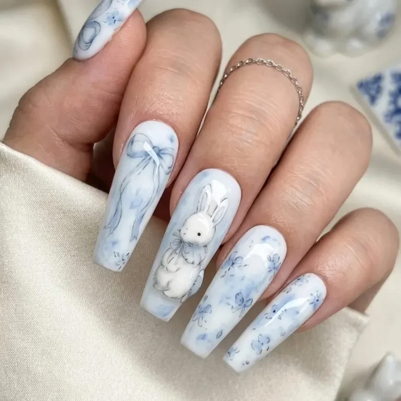 Press On Nails, 3D Bunny Nails, press on nails, custom press on nails, fake nails, Nails Art, stained glass nails, gold press on nails, 3d press on nails, luxury press on nails, handmade press on nails