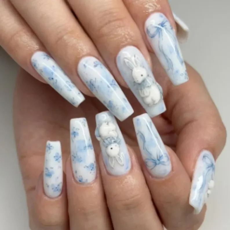 Meadow Bunny, Blue White Nails, press on nails, custom press on nails, fake nails, Nails Art, stained glass nails, gold press on nails, 3d press on nails, luxury press on nails, handmade press on nails