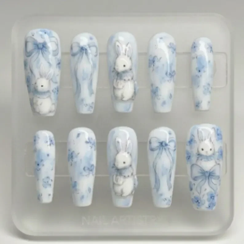 3D Azure Meadow, Bunny Press On, press on nails, custom press on nails, fake nails, Nails Art, stained glass nails, gold press on nails, 3d press on nails, luxury press on nails, handmade press on nails