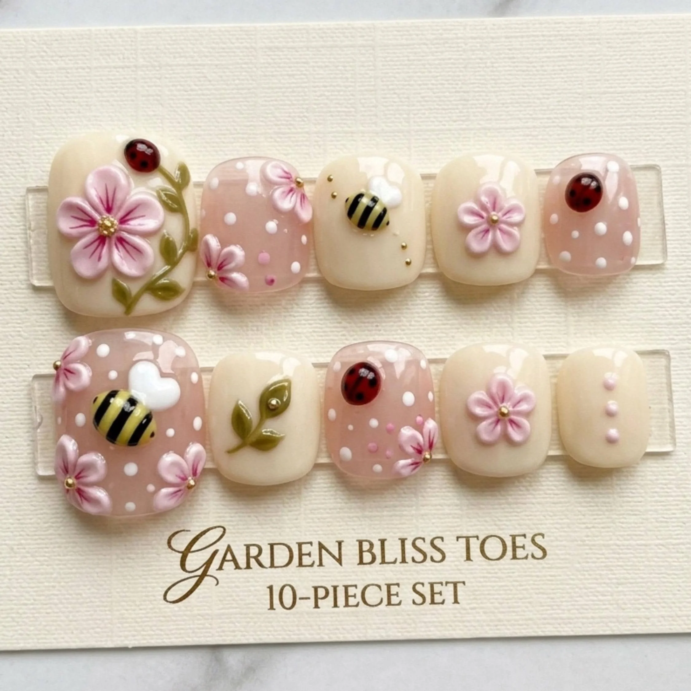 Press On Toes, Garden Bliss Pink, press on nails, custom press on nails, fake nails, Nails Art, stained glass nails, gold press on nails, 3d press on nails, luxury press on nails, handmade press on nails