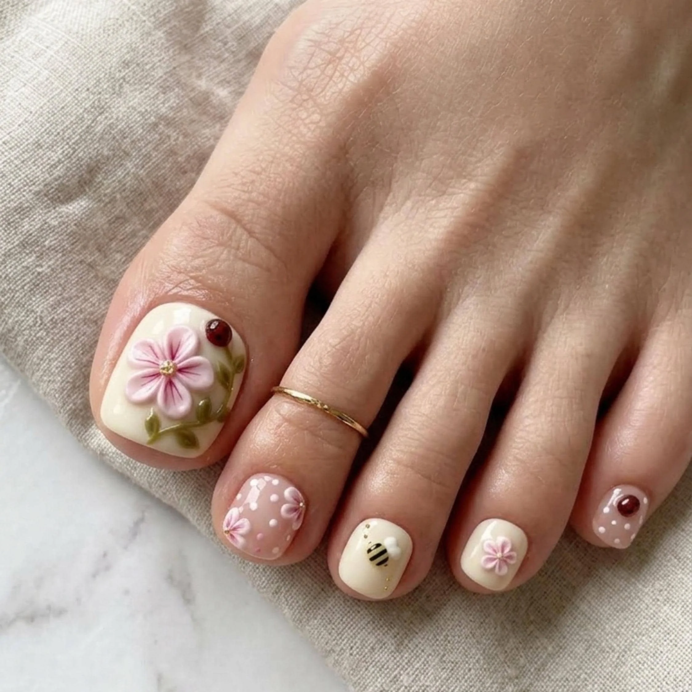 Floral Pedicure, Pink Floral Toes, press on nails, custom press on nails, fake nails, Nails Art, stained glass nails, gold press on nails, 3d press on nails, luxury press on nails, handmade press on nails