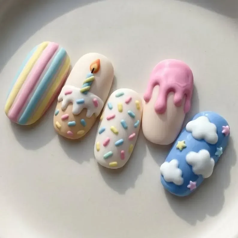 3D birthday cake, press on nails, custom press on nails, fake nails, Nails Art, stained glass nails, gold press on nails, 3d press on nails, luxury press on nails, handmade press on nails