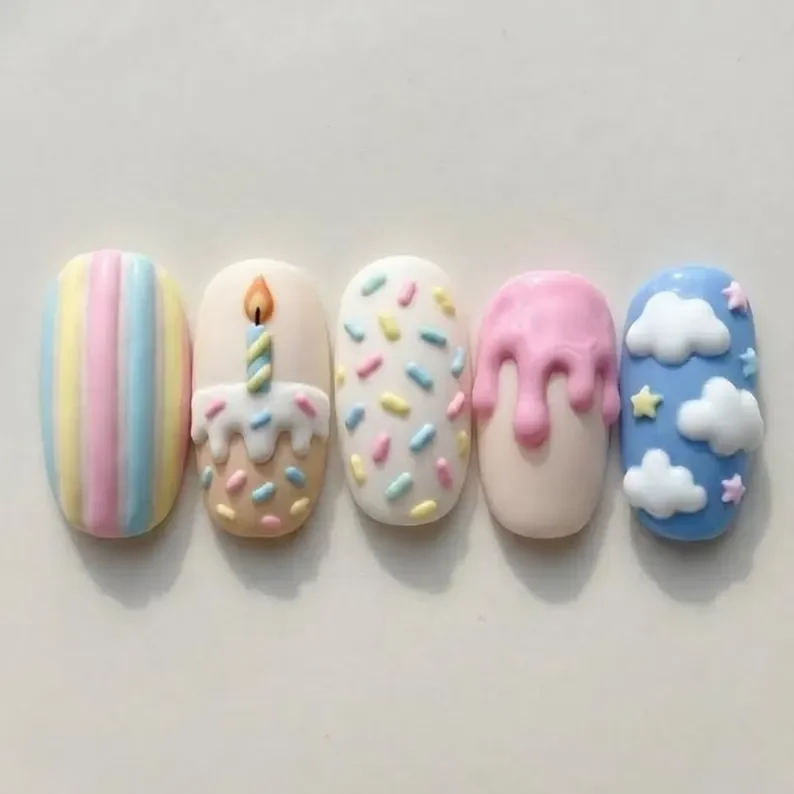 cute nail art, 3D birthday cake, press on nails, custom press on nails, fake nails, Nails Art, stained glass nails, gold press on nails, 3d press on nails, luxury press on nails, handmade press on nails