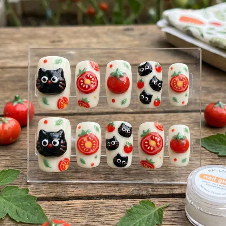 3D black cat nails, tomato press on nails, press on nails, custom press on nails, fake nails, Nails Art, stained glass nails, gold press on nails, 3d press on nails, luxury press on nails, handmade press on nails