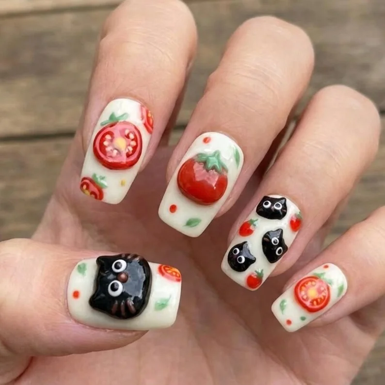 kawaii summer nails, cat lover gift, press on nails, custom press on nails, fake nails, Nails Art, stained glass nails, gold press on nails, 3d press on nails, luxury press on nails, handmade press on nails