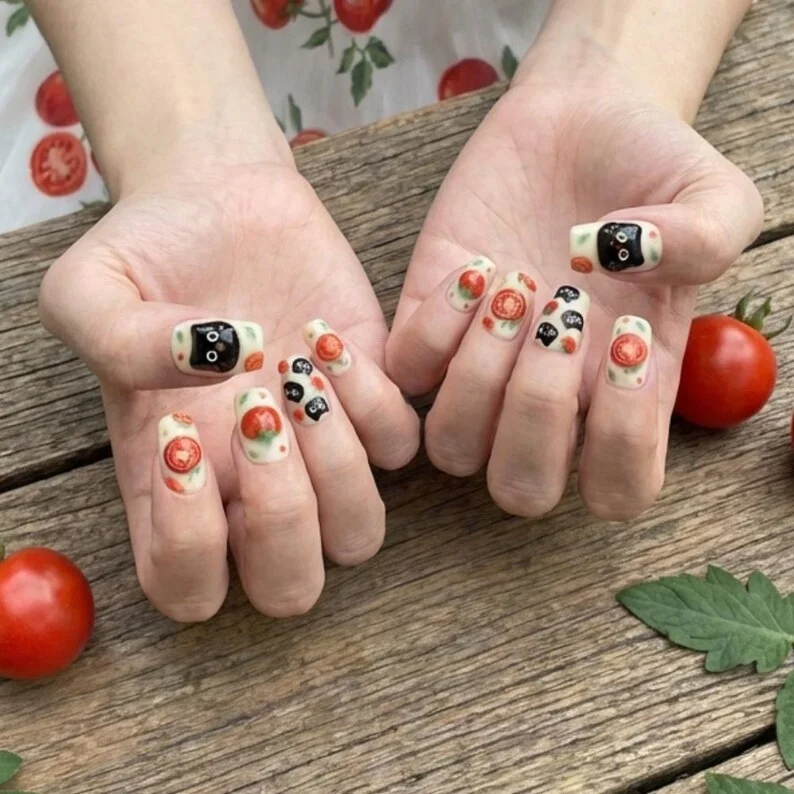 cute cat nails, summer girl nails, press on nails, custom press on nails, fake nails, Nails Art, stained glass nails, gold press on nails, 3d press on nails, luxury press on nails, handmade press on nails