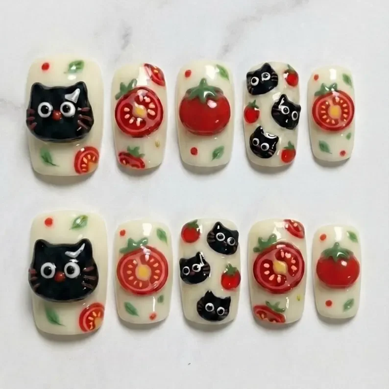 black and tomato nails, press on nail set, press on nails, custom press on nails, fake nails, Nails Art, stained glass nails, gold press on nails, 3d press on nails, luxury press on nails, handmade press on nails