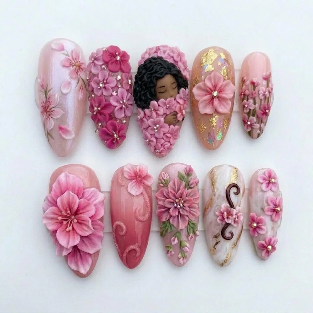 3D Black Girl Magic, Press On Nails, press on nails, custom press on nails, fake nails, Nails Art, stained glass nails, gold press on nails, 3d press on nails, luxury press on nails, handmade press on nails