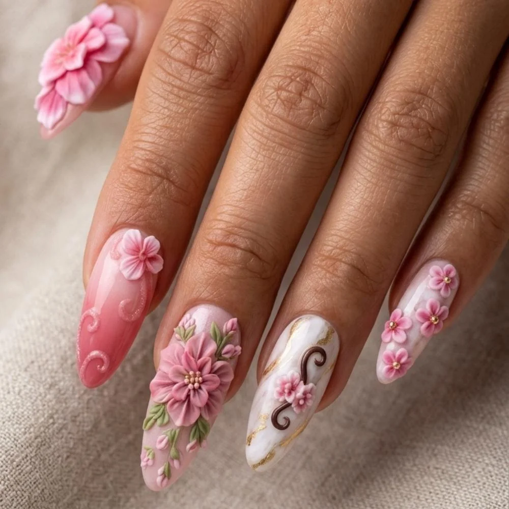 Sakura Floral, Melanated Nails, press on nails, custom press on nails, fake nails, Nails Art, stained glass nails, gold press on nails, 3d press on nails, luxury press on nails, handmade press on nails