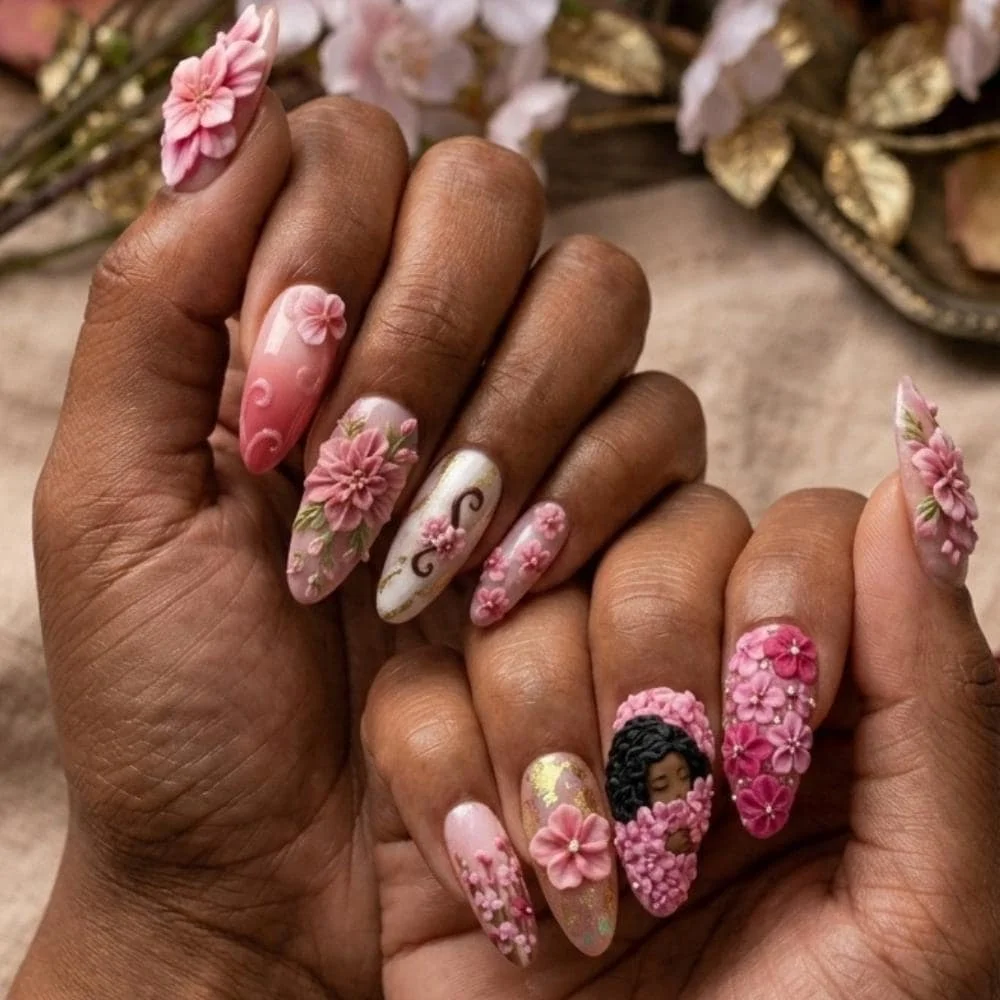 Floral Press Ons, Gold Leaf Nails, press on nails, custom press on nails, fake nails, Nails Art, stained glass nails, gold press on nails, 3d press on nails, luxury press on nails, handmade press on nails