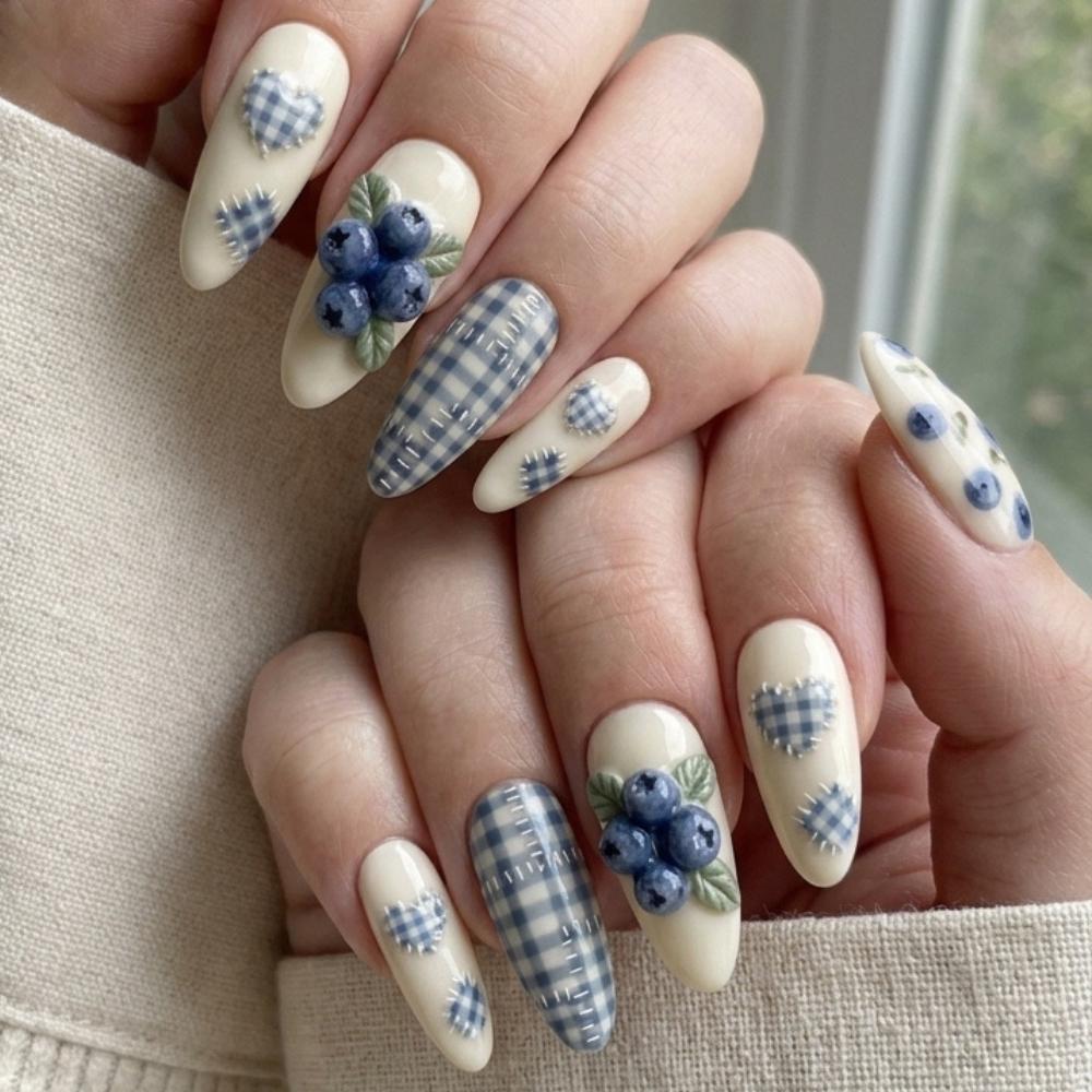 3D Blueberry Nails, Gingham Patchwork, press on nails, custom press on nails, fake nails, Nails Art, stained glass nails, gold press on nails, 3d press on nails, luxury press on nails, handmade press on nails