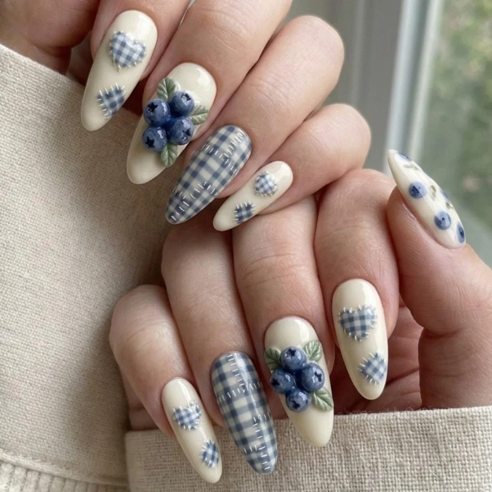 3D Blueberry Nails, Gingham Patchwork, press on nails, custom press on nails, fake nails, Nails Art, stained glass nails, gold press on nails, 3d press on nails, luxury press on nails, handmade press on nails