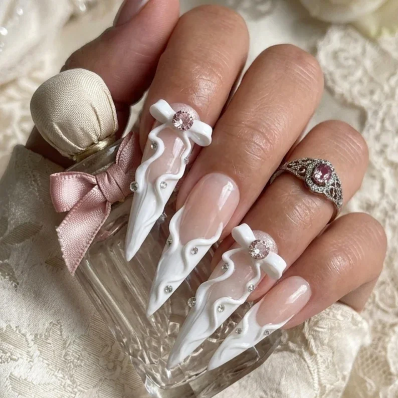 3D Bow Bridal, Press On Nails, press on nails, custom press on nails, fake nails, Nails Art, stained glass nails, gold press on nails, 3d press on nails, luxury press on nails, handmade press on nails