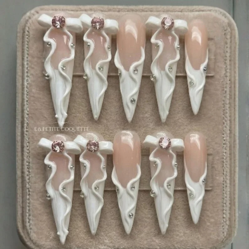 Crystal Wedding Nails, Silk Drapery Nails, press on nails, custom press on nails, fake nails, Nails Art, stained glass nails, gold press on nails, 3d press on nails, luxury press on nails, handmade press on nails