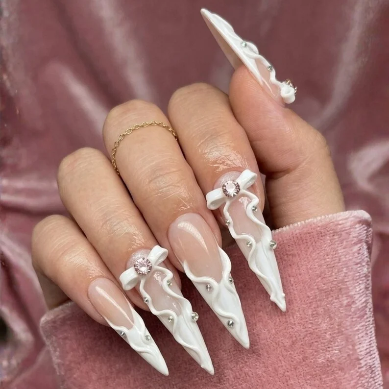 3D Bow Bridal, Press On Nails, press on nails, custom press on nails, fake nails, Nails Art, stained glass nails, gold press on nails, 3d press on nails, luxury press on nails, handmade press on nails