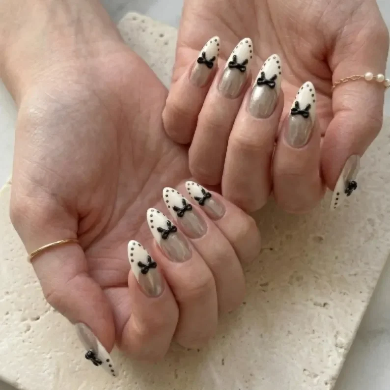3D Bow Nails, Cat Eye French, press on nails, custom press on nails, fake nails, Nails Art, stained glass nails, gold press on nails, 3d press on nails, luxury press on nails, handmade press on nails