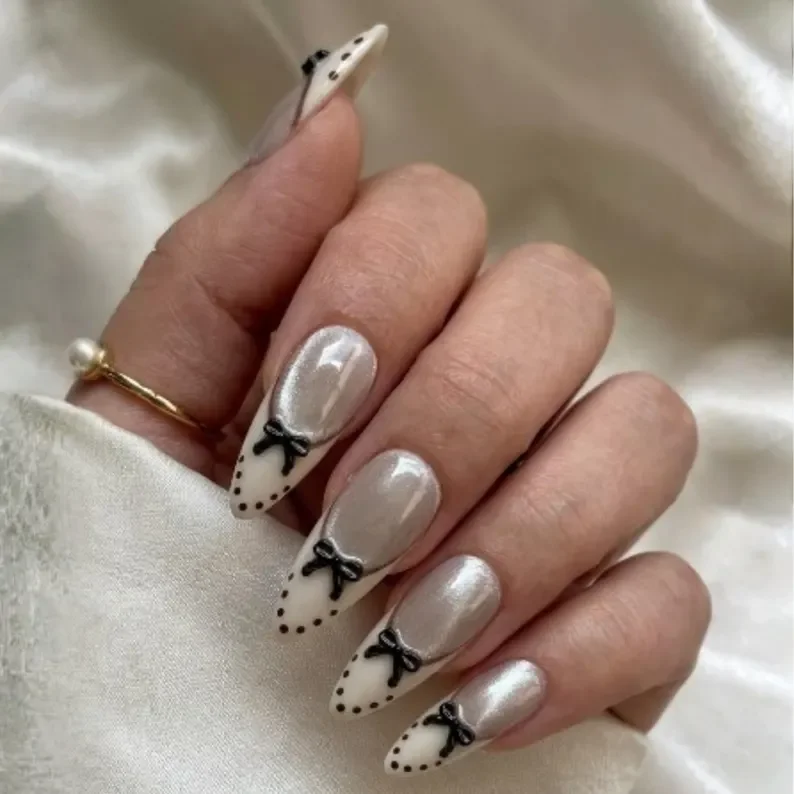 Taupe Polka Dot, Bow French Tips, press on nails, custom press on nails, fake nails, Nails Art, stained glass nails, gold press on nails, 3d press on nails, luxury press on nails, handmade press on nails